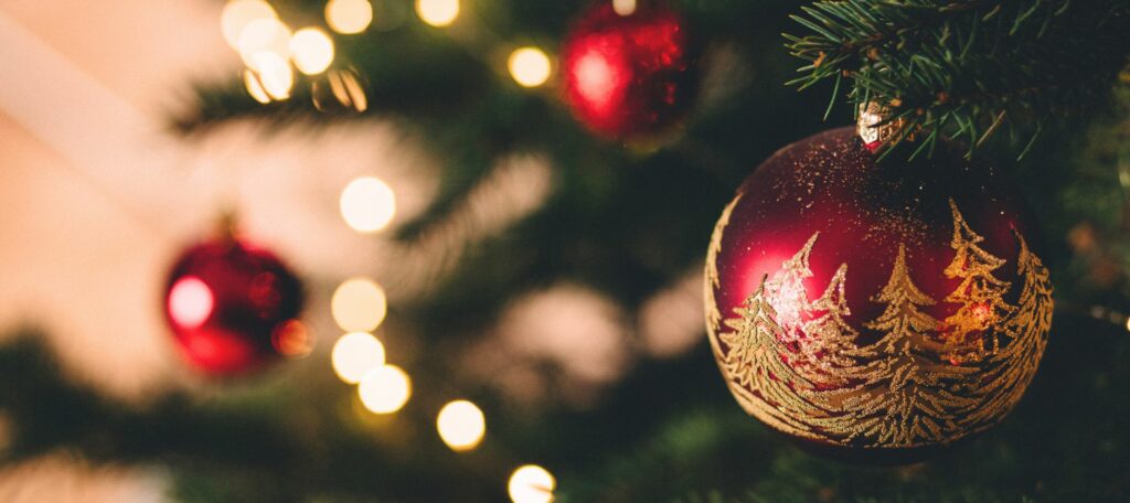 a red ornament on a christmas tree