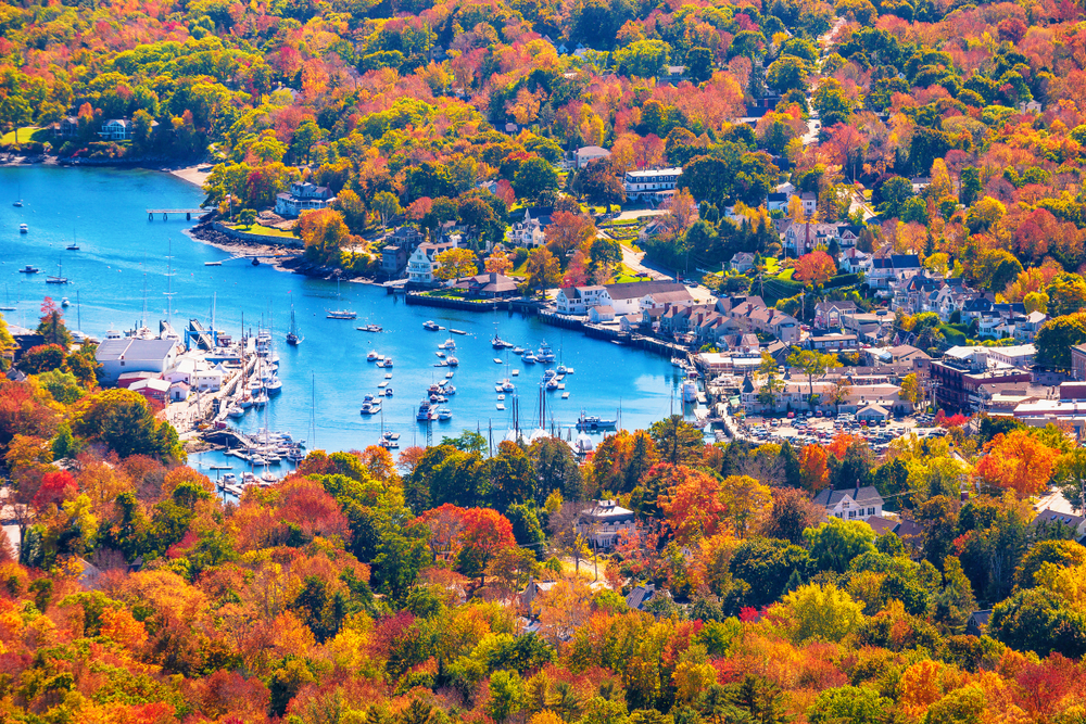 Maine Fall foliage over the Camden Harbor