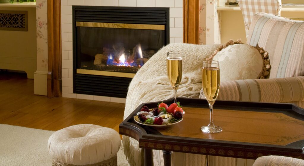 Our Rockland Hotel guest room with a fireplace - the best place for romantic Maine getaways