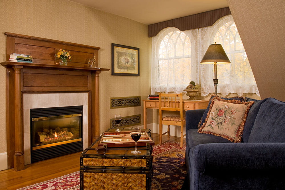 Unwind in this guest room with fireplace at the best Maine Bed and Breakfast